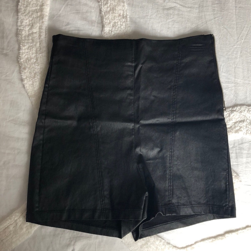 High waisted black leather shorts